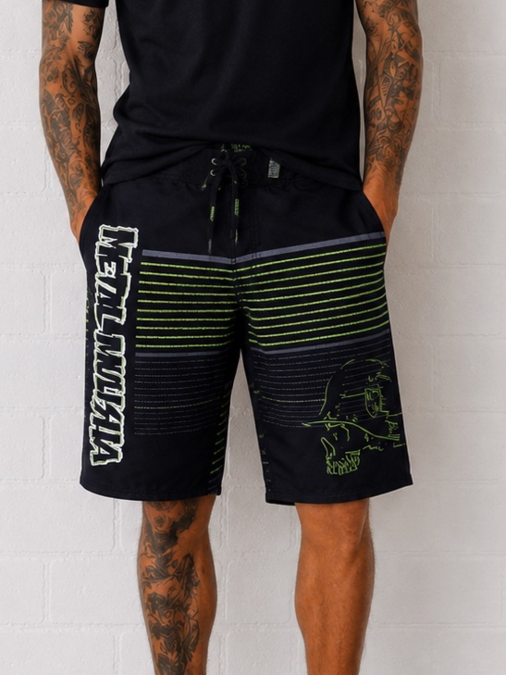 Metal Mulisha Board Shorts Mens 30 Y2K Skull Graphic Surf Skate Motocross Black